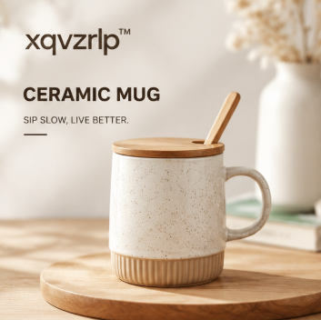 xqvzrlp™ Nordic Speckled Ceramic Coffee Mug with Wooden Lid & Spoon